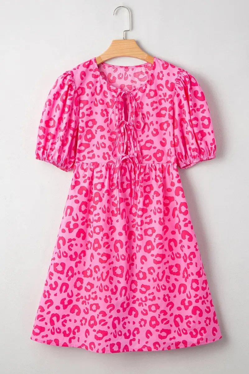Rose Leopard Puff Sleeve Tie Front High Waist Mini Dress - Love Salve